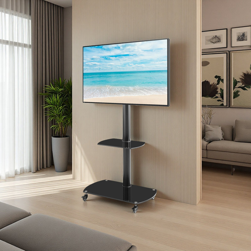 Hauteur et angle de plancher réglable en métal avec cadre en verre trempé multifonctionnel avec roues verrouillables Meuble télé mobile, support pour écran ACL / plasma 2 tablettes en verre trempé pour plusieurs appareils multimédia