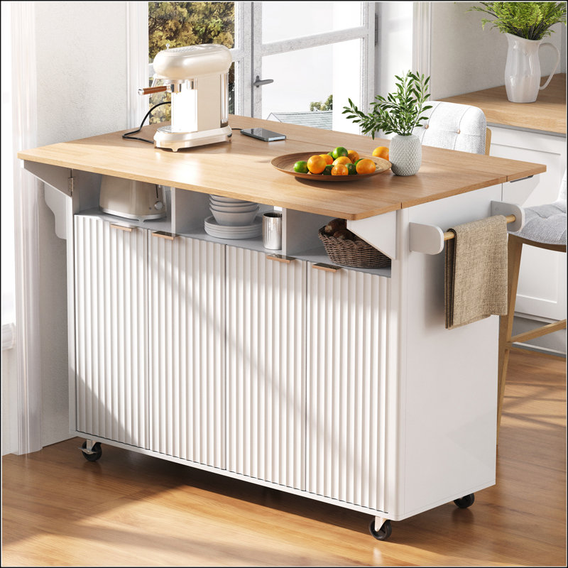 55.5" Fluted Kitchen Island with 2 Drop Leaf and Power Outlet