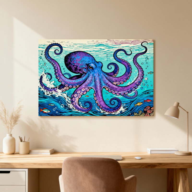 Imprimé animal, pieuvre, vagues de poisson, corail, H 12 po x l 18 po, Toile tendue, Ne s’applique pas