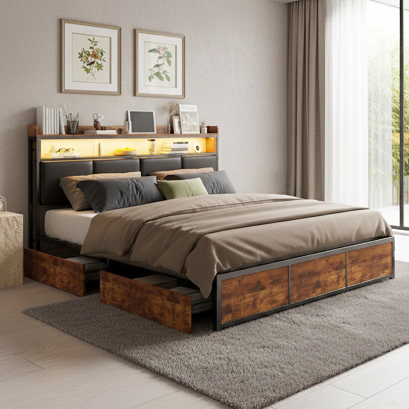 Industrial Upholstered Storage Bed With 4 Drawers, European Double & King Size Bed Frame With LED Headboard & USB Ports, Rustic Oak & Black
