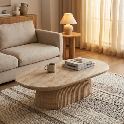 Tithi Pill Shaped Coffee Table Stone Effect Roman-Inspired Fluted Design Weatherproof Indoor Outdoor Furniture