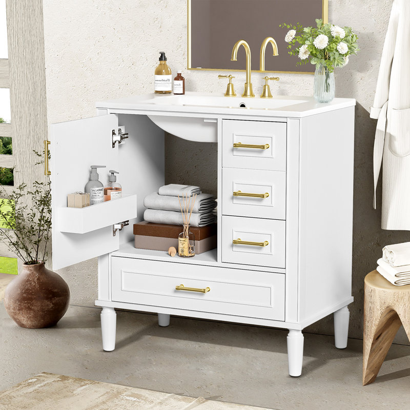 Ensemble de meuble-lavabo traditionnel, sur pied, longues poignées en métal doré, Blanc