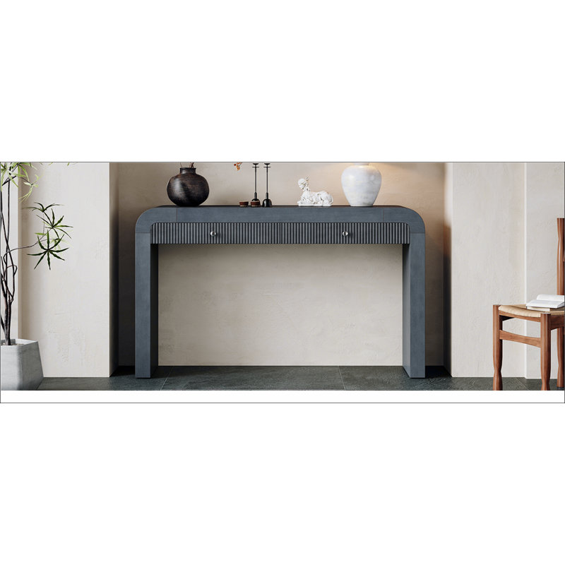 Console rustique avec façade de tiroir cannelée, table d'entrée avec coins incurvés et pieds épais, table de canapé robuste pour couloir et salon