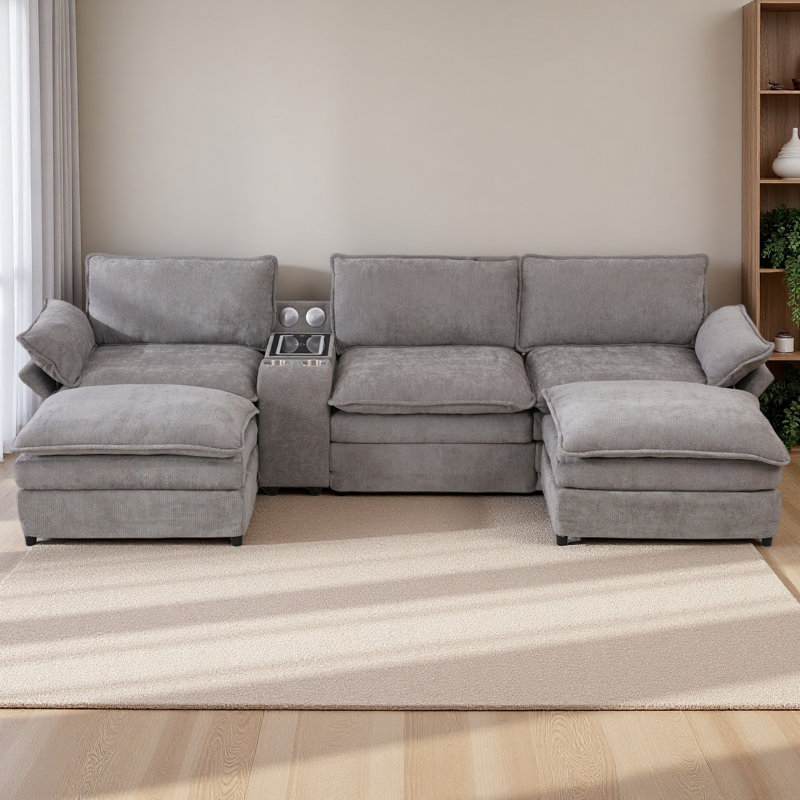 U Shaped Modular Sectional Sofa,Storage Console & Wireless Charging,2 Cup Holders,Bluetooth Speakers,2 Movable Footstools