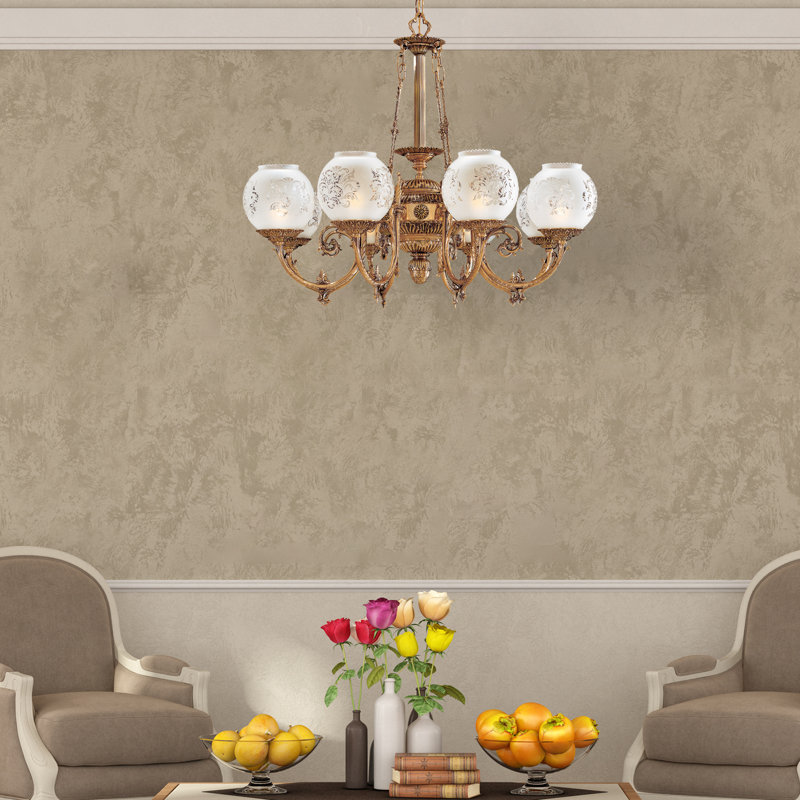 Antique Brass 8-Light Chandelier with Frosted Etched Glass Shades