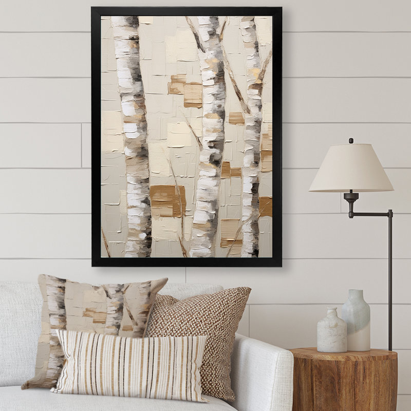 «Beige minimalisme arbre bouleau I» sur toile, H 32 po x l 16 po x P 1 po, Cadre simple noir