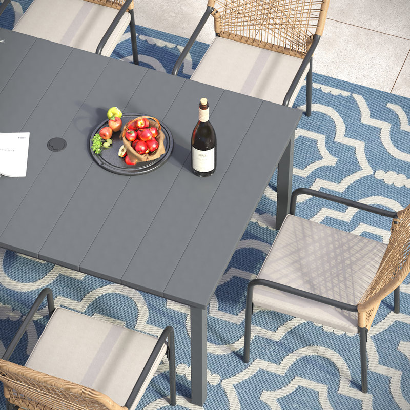 6-Person Rectangular Patio Dining Set with Cushioned Stackable Rattan Chairs, Gray