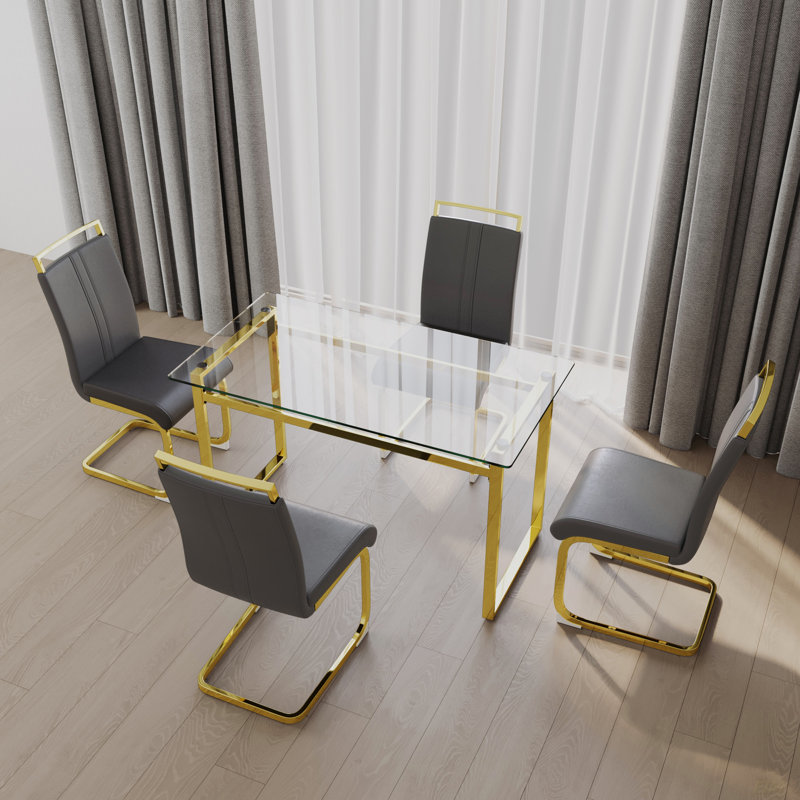 Ensemble de table de salle à manger en verre pour 4 personnes, ensemble de table de salle à manger et chaises avec pieds plaqués pour la cuisine, plateau de table rectangulaire moderne en verre trempé et chaise de salle à manger en polyuréthane sans