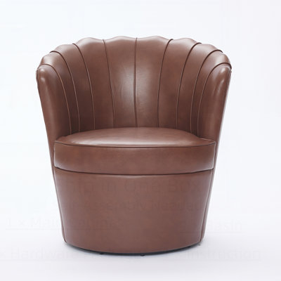 Genuine Leather Accent Swivel Barrel Chair – 360° Spin Metal Base