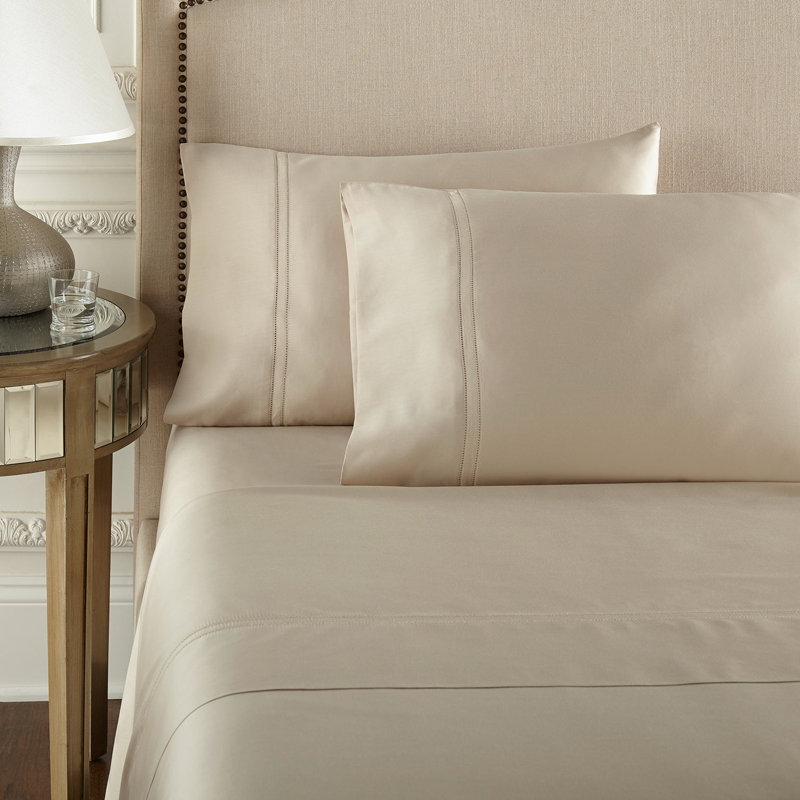 Yalda Egyptian Cotton Sateen Sheet Set , Queen Sheet Set + 2 Pillowcases, Tan