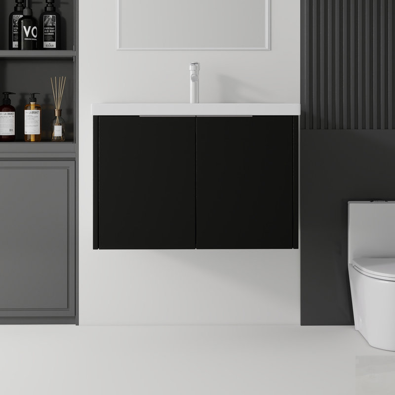 Meuble-lavabo flottant avec porte à fermeture en douceur, lavabo en céramique et fabrication en contreplaqué durable, Noir