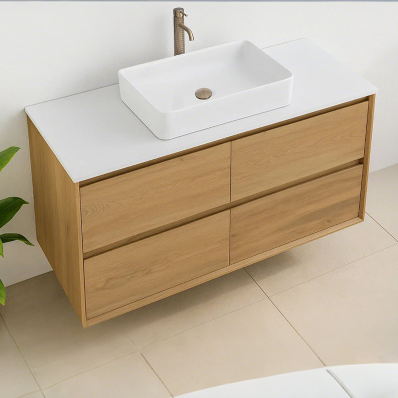 Meuble-lavabo simple 36 po avec comptoir en pierre de quartz et lavabo vasque, meubles-lavabos à fixation murale, 48"