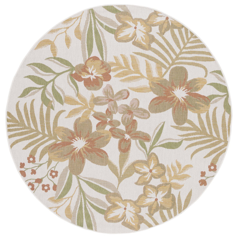 Tapis d'intérieur / extérieur tissé à la machine Aramantha - beige / vert / orange, Rond 6 pi 7 po