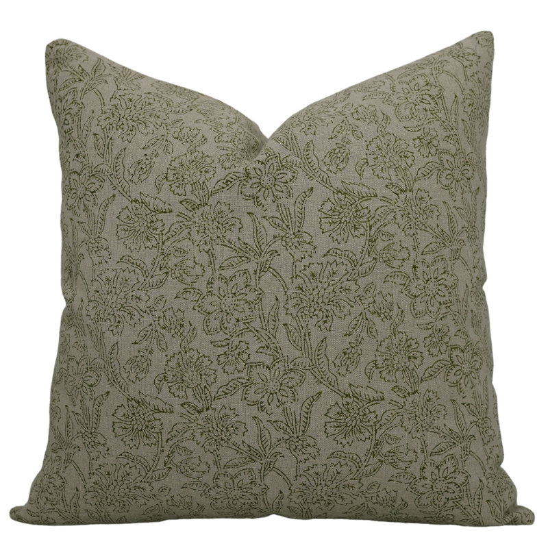 Housse de coussin intérieur / extérieur Floral Linen, H 18 po x l 18 po, Motif floral vert 1, Square