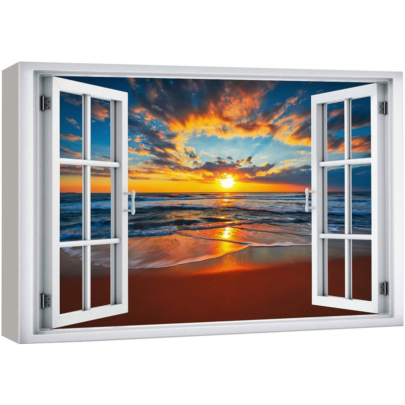 «Window View California Beach Sunset Sky Paradise Wilderness Nature», reproduction sur toile, H 24 po x l 36 po x P 1,5 po