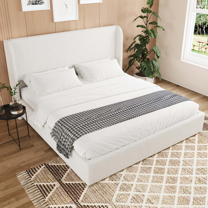 Upholstered Boucle Bed Frame with Wingback Headboard