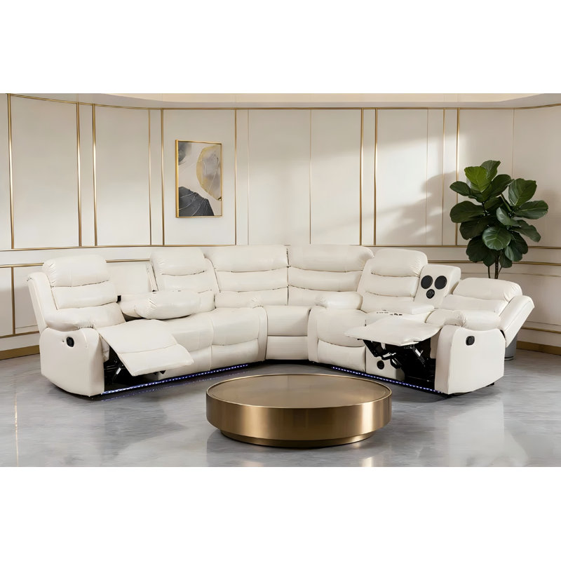 Manual Reclining White Leather Sectional Sofa With Bluetooth Speaker 6 Seater Corner Couch, White Faux Leather