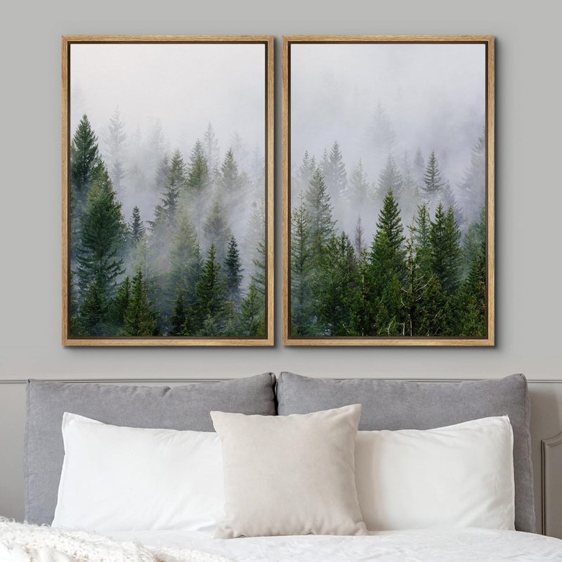 «Morning Mist Green Pine Tree Forest Nature Landscape», impression sur toile, 2 pièces, Reproduction avec cadre flottant