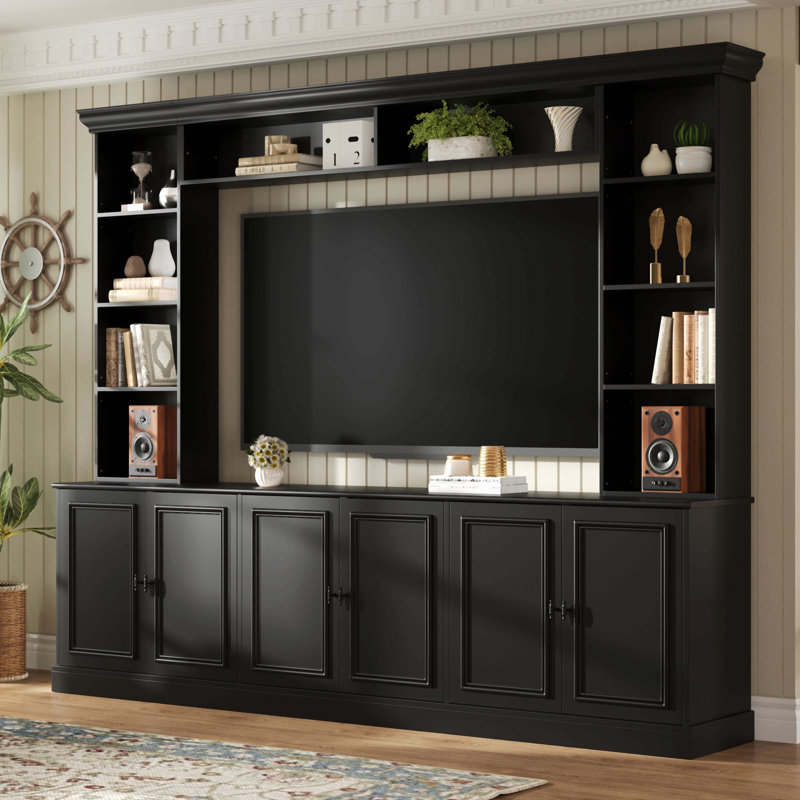 97.4"W 4-Piece Wall Unit Entertainment Center With Bookshelf For Tvs Up To 70", Tv Stand With Adjustable Shelf, Mid-Century Media Console With Bridge For Living Room