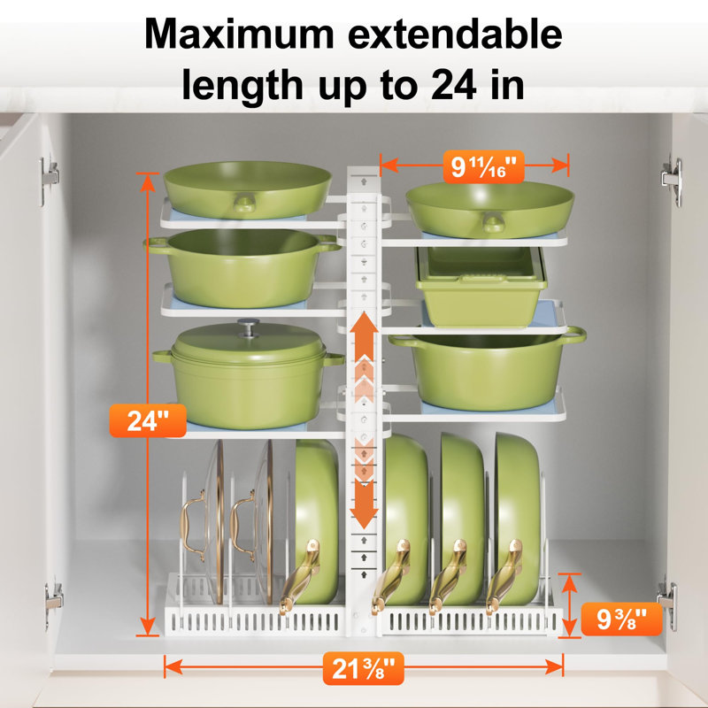 Organisateur de casseroles et poêles à placer sous un meuble, étagère de rangement de cuisine, support à casseroles réglable à 6 niveaux avec 6 séparateurs horizontaux, blanc