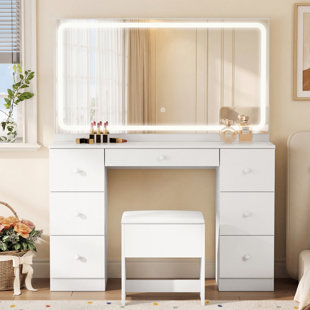 46-inch Salon Vanity Desk with Large LED Mirror, Professional Makeup Dressing Table with 7 Drawers, Charging Station & Adjustable Lights, White