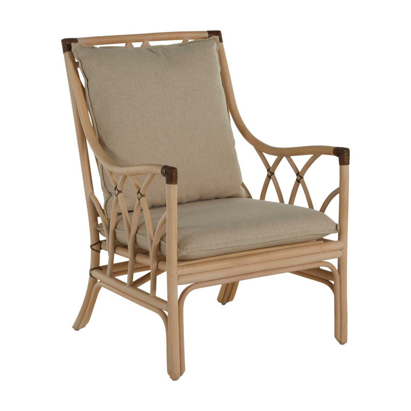 Milano Beige Leather Transitional Arm Chair with Rattan Accents