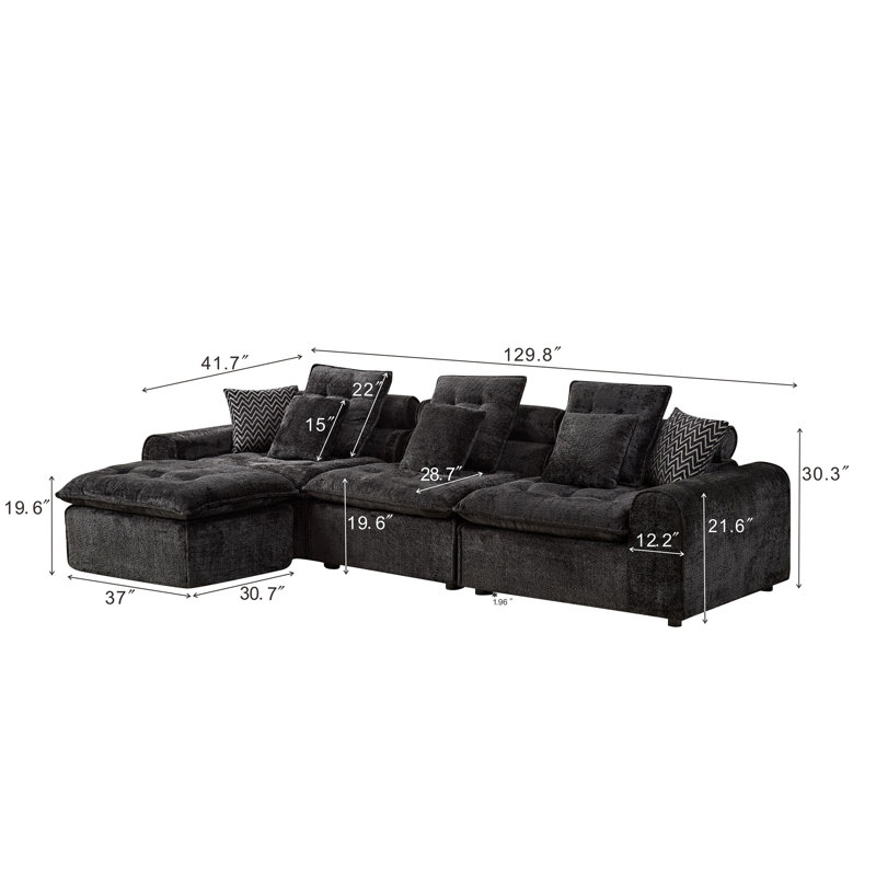 Canapé de coin en laine d'agneau noire moelleuse de 129,8 pouces, Bouclé noir, H 30,3 po x l 129,8 po x P 72,4 po