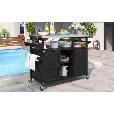 Outdoor Kitchen Island, Rolling Bar Cart & Storage Cabinet, Farmhouse Solid Wood Outdoor Grill Table With Stainless Steel Top, Spice Rack , Towel Rack