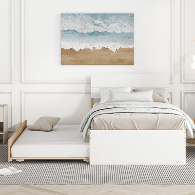 Structure de lit simple avec tête de lit blanc brillant et lit gigogne en chêne pour chambre à coucher