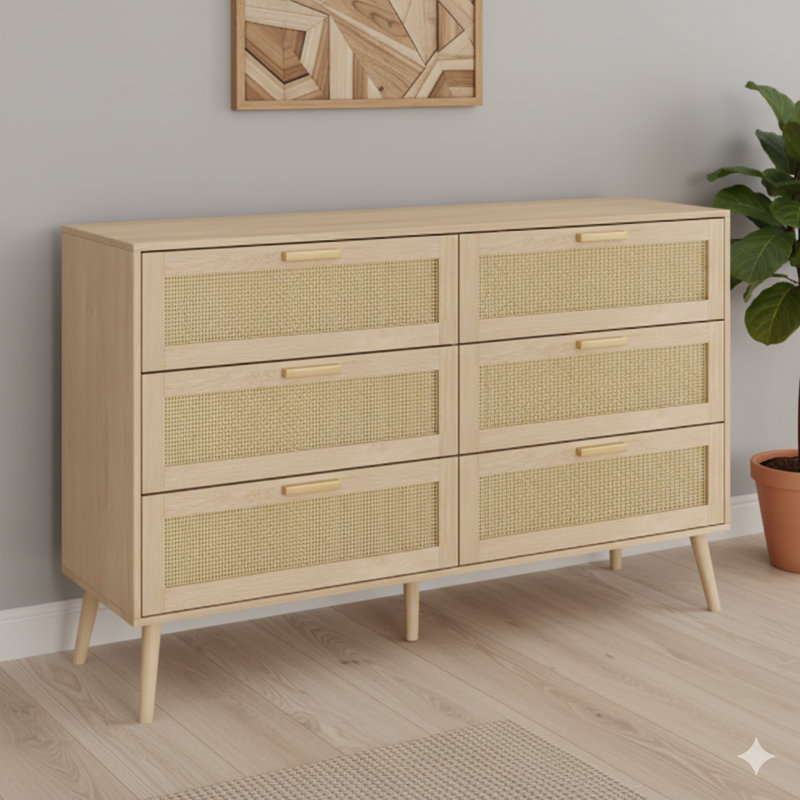 Rattan Six-Drawer Chest Of Drawers For Bedroom, Modern Six-Drawer Dresser, Wide Chest Of Drawers With Wooden Handles, Rattan Dresser Storage Cabinet For Living Room, Bedroom, Hallway.