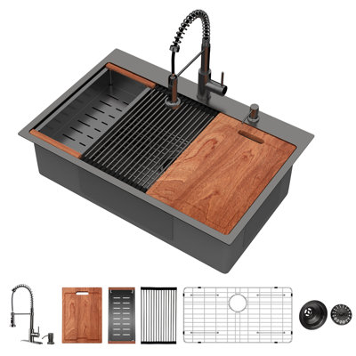 Évier de cuisine 36 po à cuve simple encastrable en acier inoxydable avec robinet et accessoires