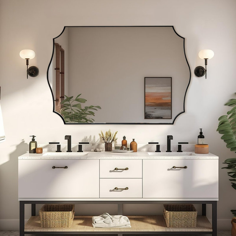 Miroir de salle de bain Anayalee Cadre en acier inoxydable, 36 po x 24 po, Noir mat