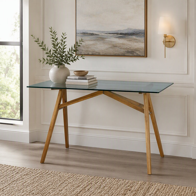 Bureau d'ordinateur moderne, bureau de bureau Mid-Century avec plateau en verre trempé et structure en A en bois d'acacia, poste de travail pour salle de réunion Home Office