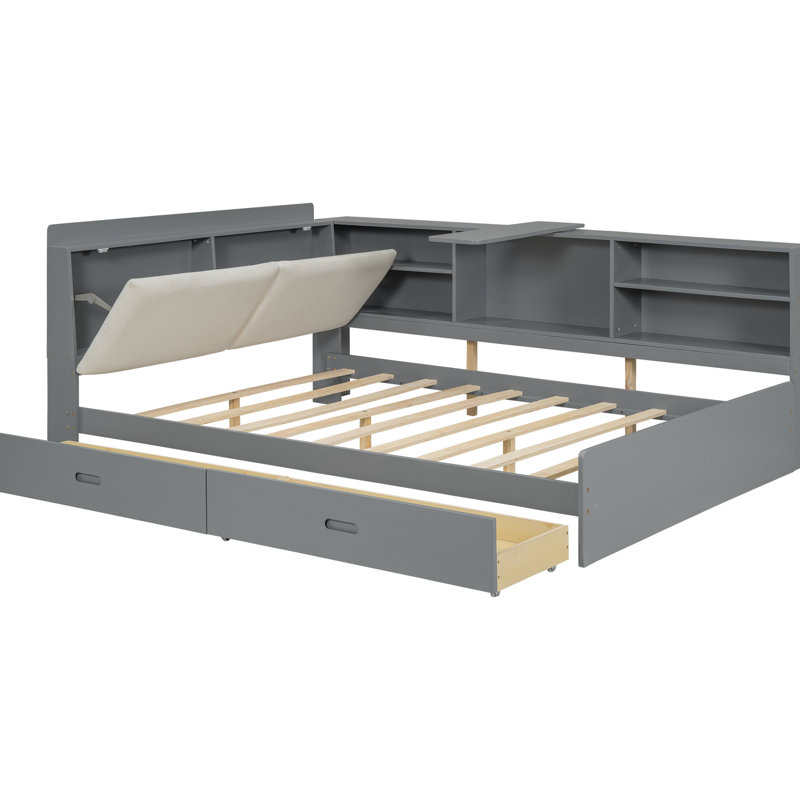 Lit plateforme double en bois gris avec tête de lit, tablettes intégrées, 2 tiroirs et confort favorisant une installation durable