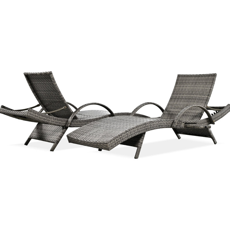 80'' Patio Chaise Lounge Of 2, Grey Recliner With Side Table And Adjustable For Outdoor Pleasant Comfortable Experience 2Pcs Sunbathing Chair , Reclining Pull-Out Table, ,