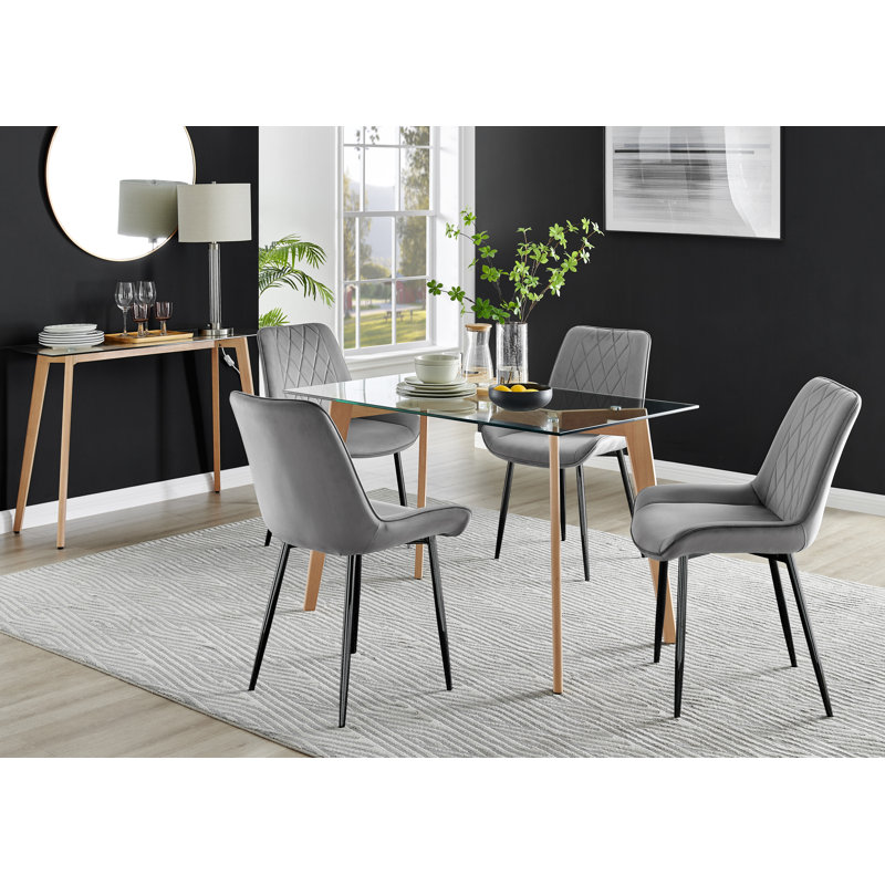 Scandinavian Dining Table Set - Minimalist Style Glass and Metal Leg with 4 Luxury Dining Chairs, Grey/Black, Light Brown