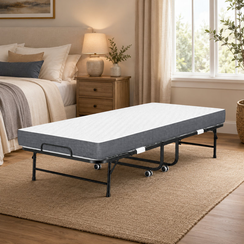 Lit simple pliant noir avec matelas et roulettes verrouillables, lit d'invité en acier avec support à 8 lattes et mousse viscoélastique imprégnée de gel, capacité de poids de 300 lb, avec housse de protection et outils