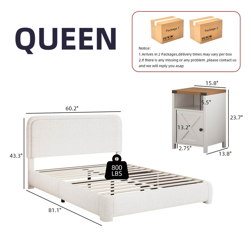 Bensu Boucle Upholstered Platform Bed，3-Piece Bedroom Sets, Queen, White