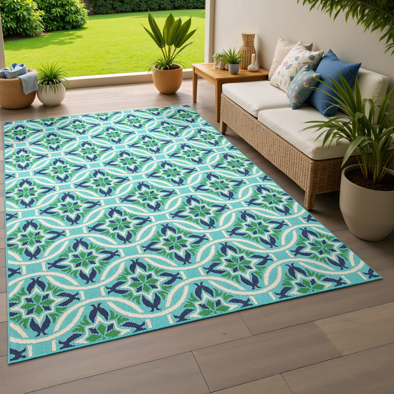 Tapis intérieur / extérieur bleu / vert Jaeden, Rectangle 1 pi 10 po x 2 pi 10 po