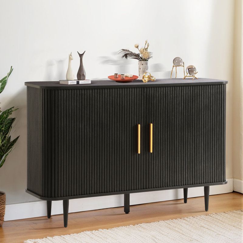 47" Sideboard Buffer Cabinet with Fluted Slide Doors, Tambour Storage Cabinet with Adjustable Shelves, Black