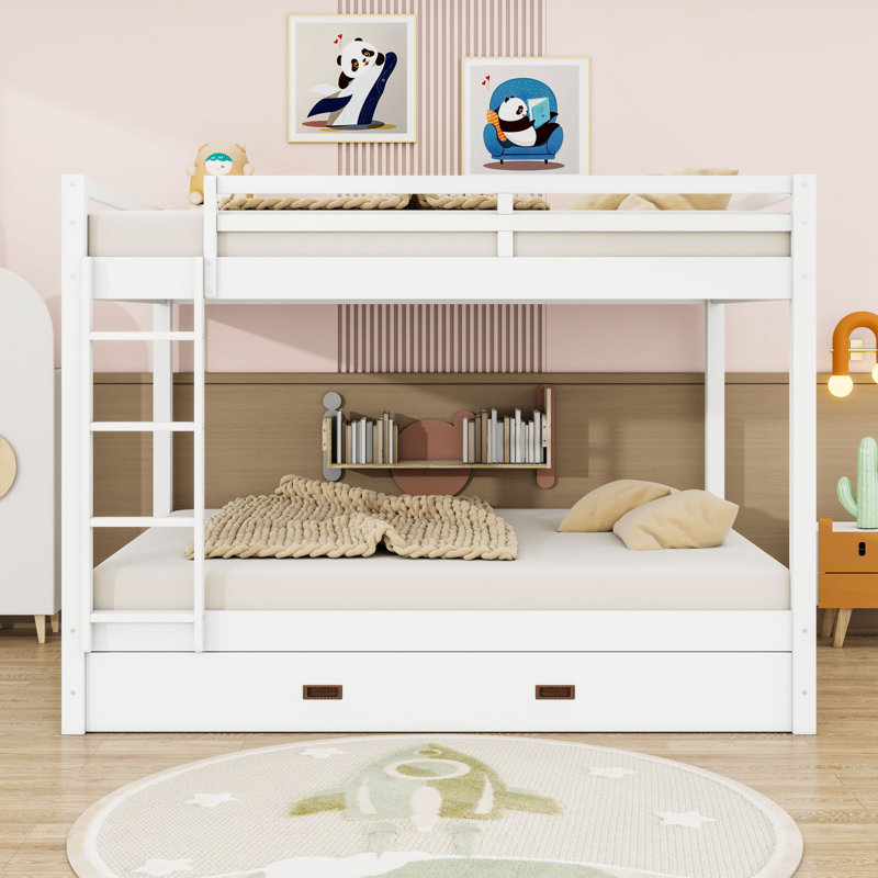 Queen Size Wooden Bunk Bed With Twin XL Size Trundle And Guardrails, White