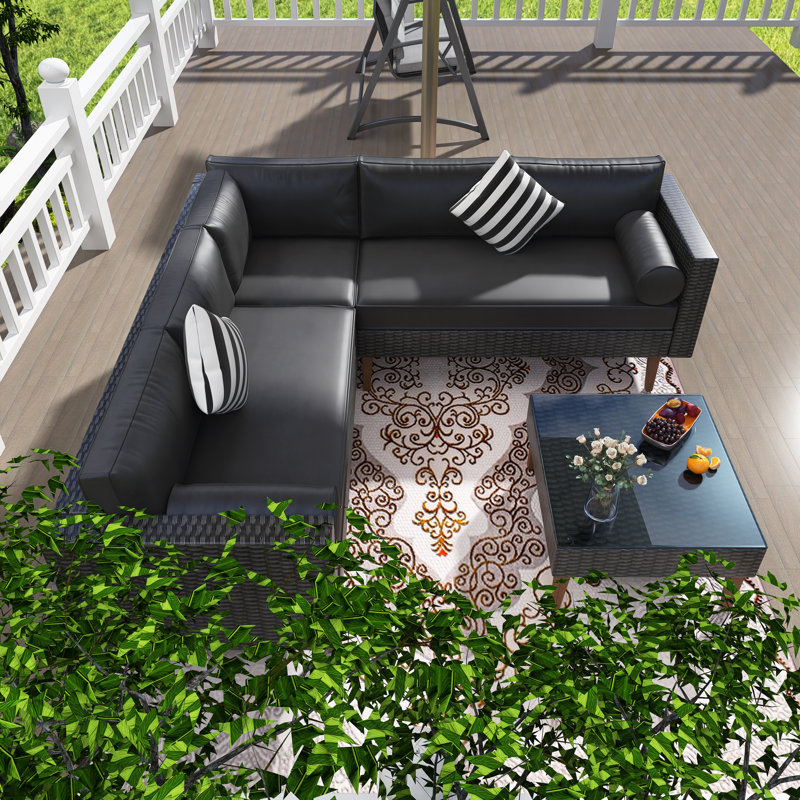 Canapé d'extérieur en osier 4 pièces avec coussins gris