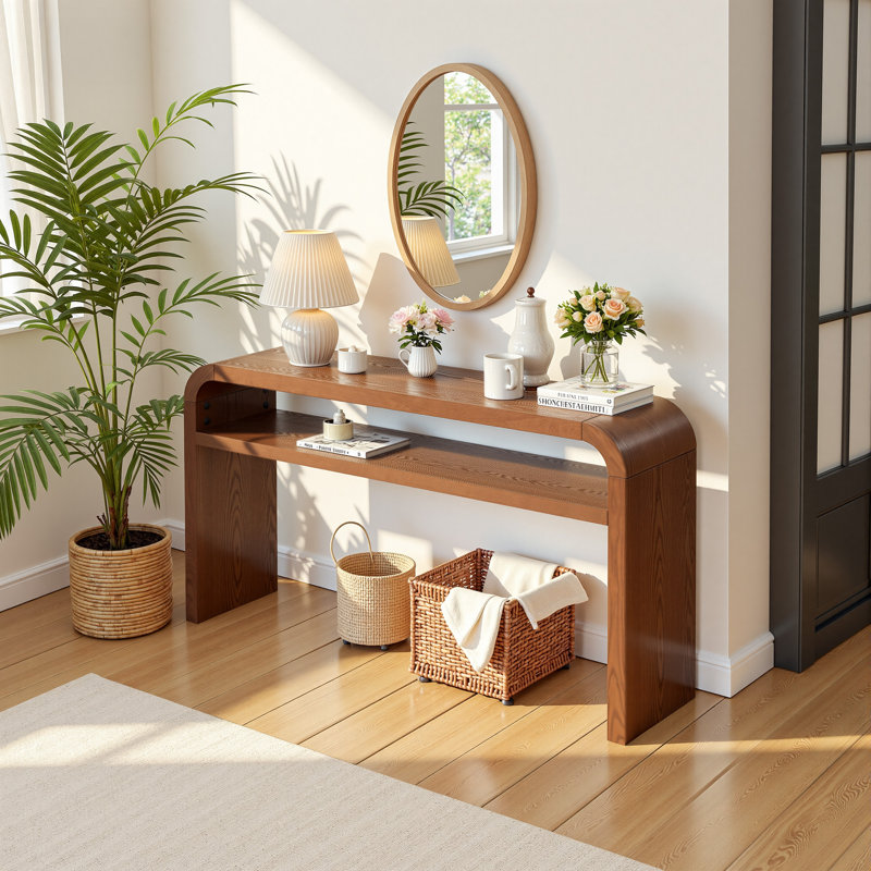 Console 59,4 po en bois avec placage en bois massif et coins arrondis, Noyer