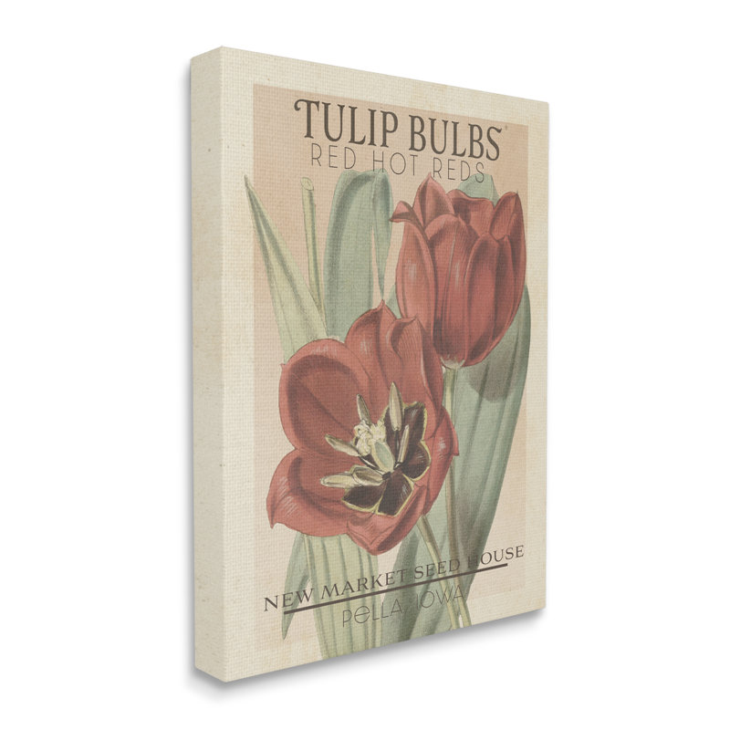 Ampoules de tulipes rouges chaudes, paquet de graines florales antiques, ferme rustique surdimensionnée, estampe numérique sur toile, art texturé par Studio W
