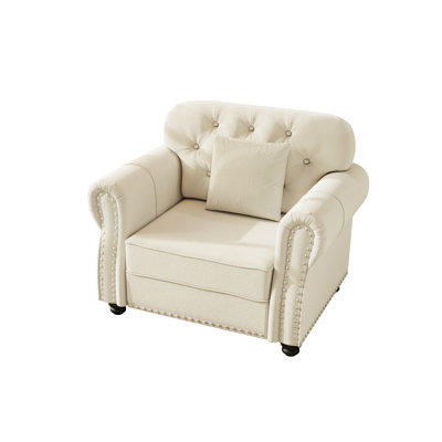 Fauteuil une place de 105 cm (41,3 po) en velours beige/blanc, style milieu du siècle, finitions roulées, clous décoratifs, boutons, coussin en mousse beige/blanc et bois massif.