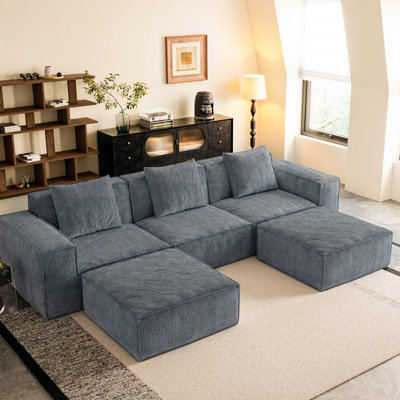 118 - Inch Modular 5 Seat , Convertible To Bed, Gray Corduroy Cloud Velvet, High Density Sponge, Ideal For Family Relaxation Multi Functional Living Rooms