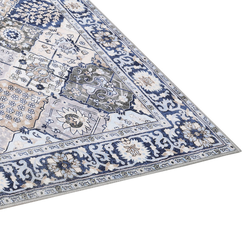 2'x3' Vintage Distressed Pattern Washable Area Rug. Non-Slip Low Pile Pearl Velvet Carpet for Living Room. Ivory Blue, Blue