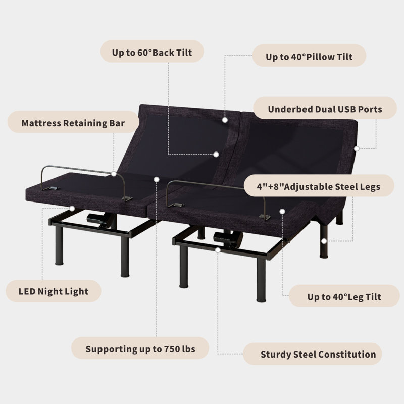 Lit réglable avec massage et télécommande sans fil - Matelas en mousse viscoélastique de 12 po inclus, Très grand, divisé