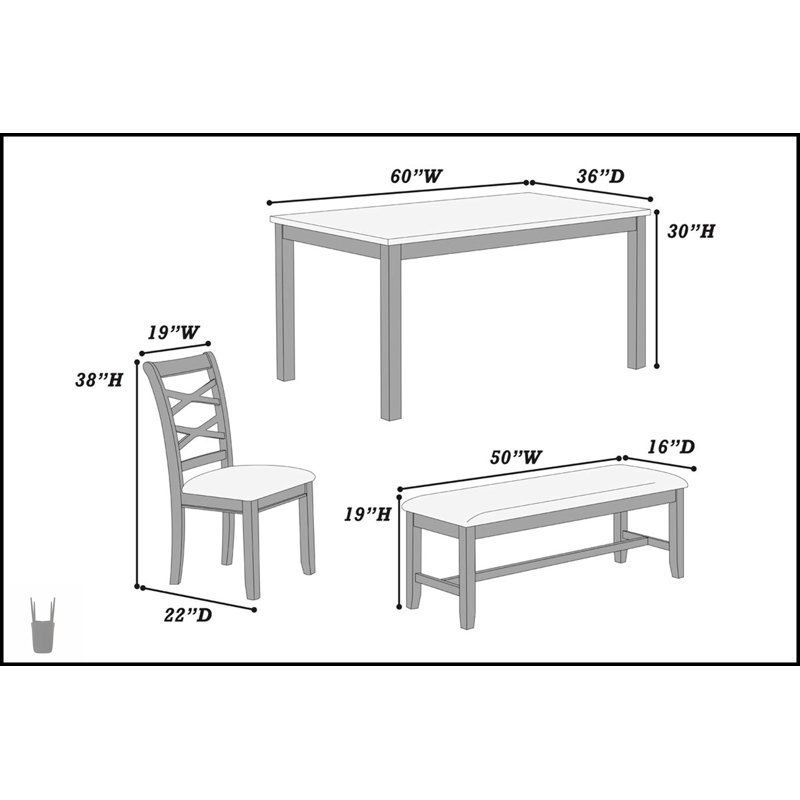 Ensemble de salle à manger moderne 6 pièces avec plateau en bois, 4 chaises d'appoint et banc, fabrication en bois d'hévéa robuste pour plus de durabilité et de style