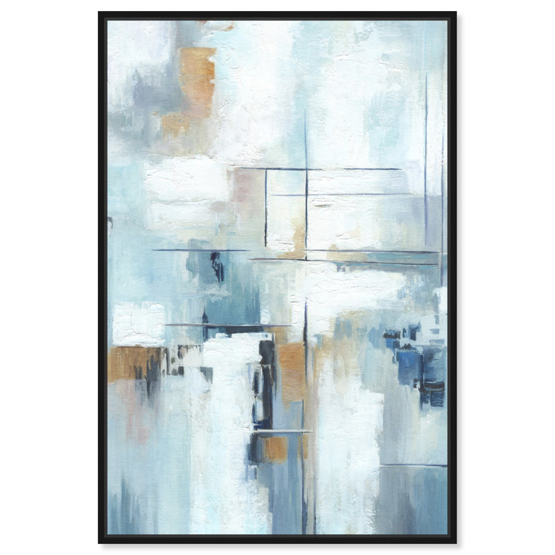 Large Blue and White Abstract Canvas Art with Black Frame